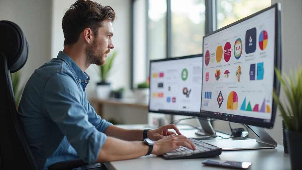 Профессиональный дизайнер работает с цветовой палитрой и логотипом бренда на компьютере