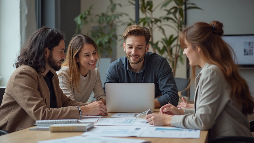 Креативная команда дизайнеров обсуждает брендовую стратегию в современном офисе